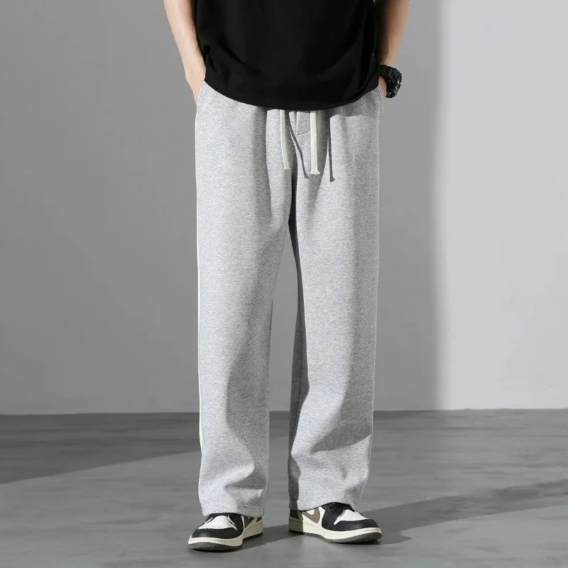 Spring Autumn Men's Striped Elastic High Waisted Pocket Solid Casual Loose Sports Wide Leg Workwear Trousers Office Lady Pants