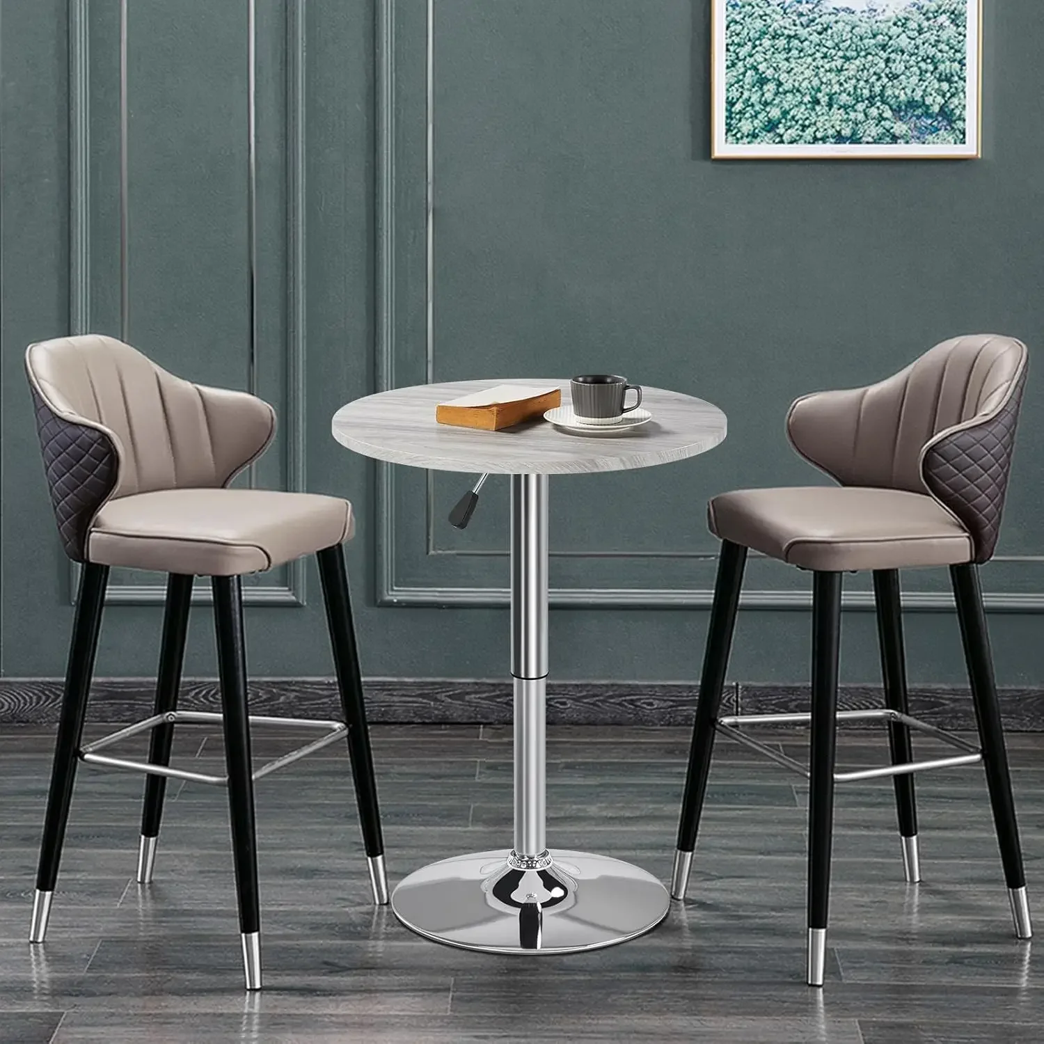 Round Bar Table, Adjustable Height and 360° Swivel Bar Tables, Cocktail Table with Top, Silver Leg Base for Bar, Bistro,