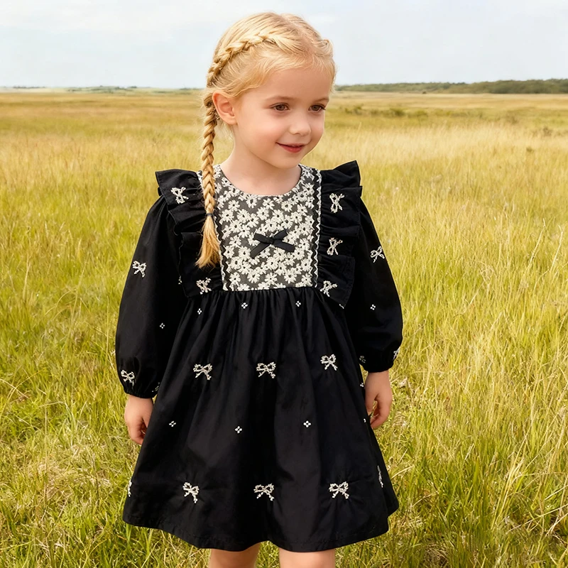 New Baby Girls Lace Collar Dress Sisters Clothes Kids Girls Princess Dress  Black Fashion Party Clothes Embroider Flower Dress