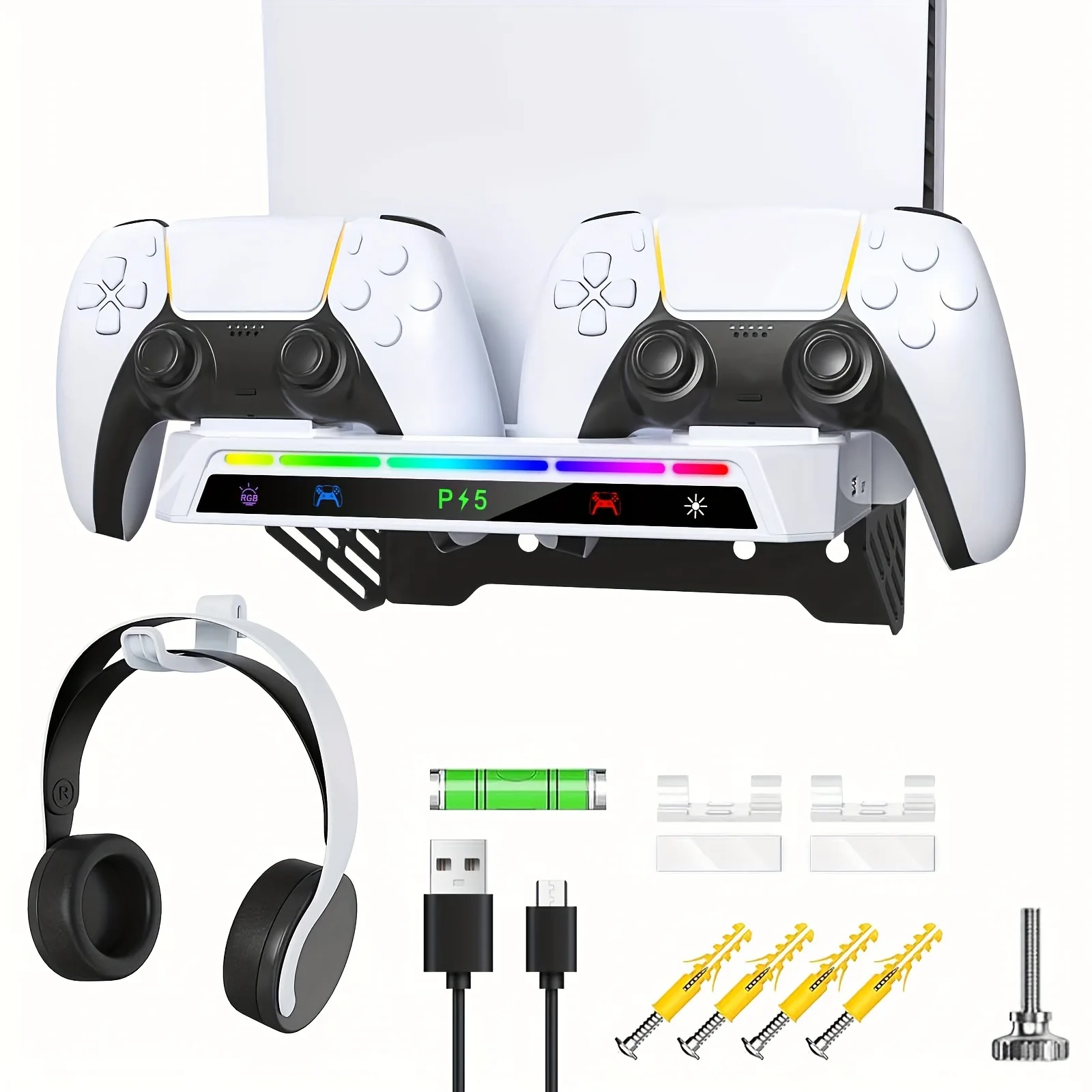 PS5 Slim Wall Mount Stand with Controller Charger Dock Headphone Hanger RGB Light for PlayStation 5 Console view 2