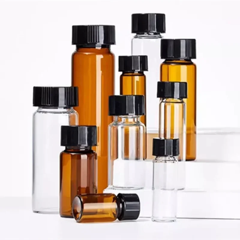 20pcs/lot 3ml 5ml 10ml 15ml 20ml 30ml 40ml 50ml (Clear/ Brown) Glass Seal Bottle Reagent Sample Vials with Plastic Lid Screw Cap