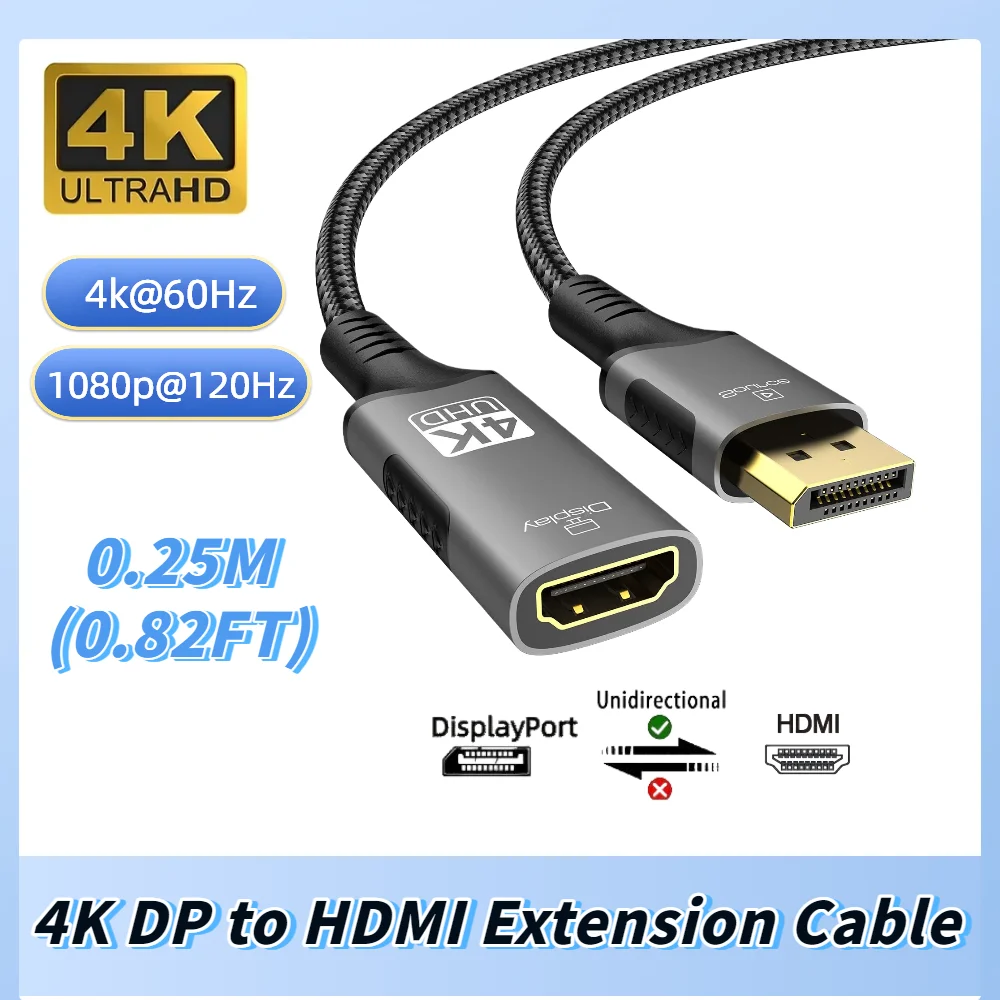 Adapter kabla 4K DP na HDMI, 4K@60Hz, męski na żeński, do laptopa, PC, HDTV, konwerter kabla DisplayPort na HDMI
