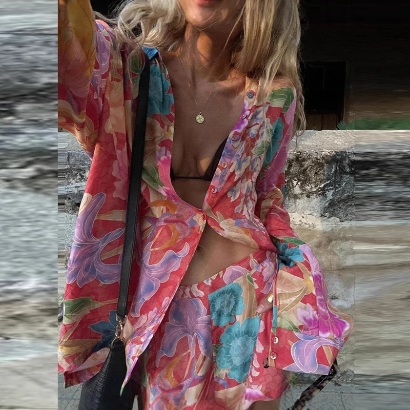

Casual Floral Print Women's Two Piece Set 2025 Bohemian Loose Suit Lady Button Shirt and Long Pants Holiday Outfit Spring Summer