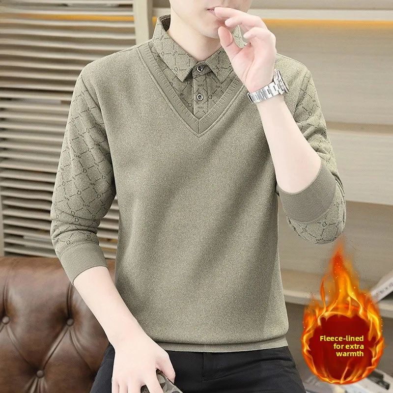 

Knitted Sweater Men's Inner Wear Fce Lined Thi Warm Base Layer irt Fake Two-Piece Winter Faion Casual irt