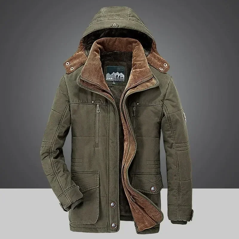 Parkas de lã com capuz masculino com bolsos múltiplos, jaquetas grossas quentes, casacos masculinos, tamanho grande, militar, Plus Velvet, 5XL, 6XL,