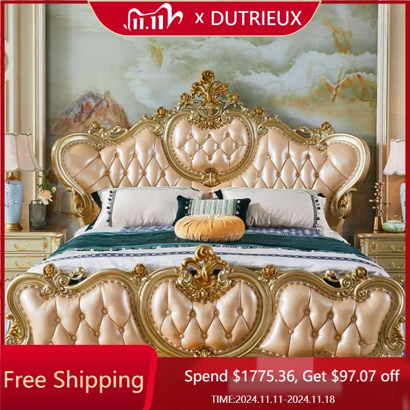 

King High End Double Bed Frame High Queen Master Gold Luxury Frame Bed Aesthetic European Camas Matrimonial Bedroom Furniture