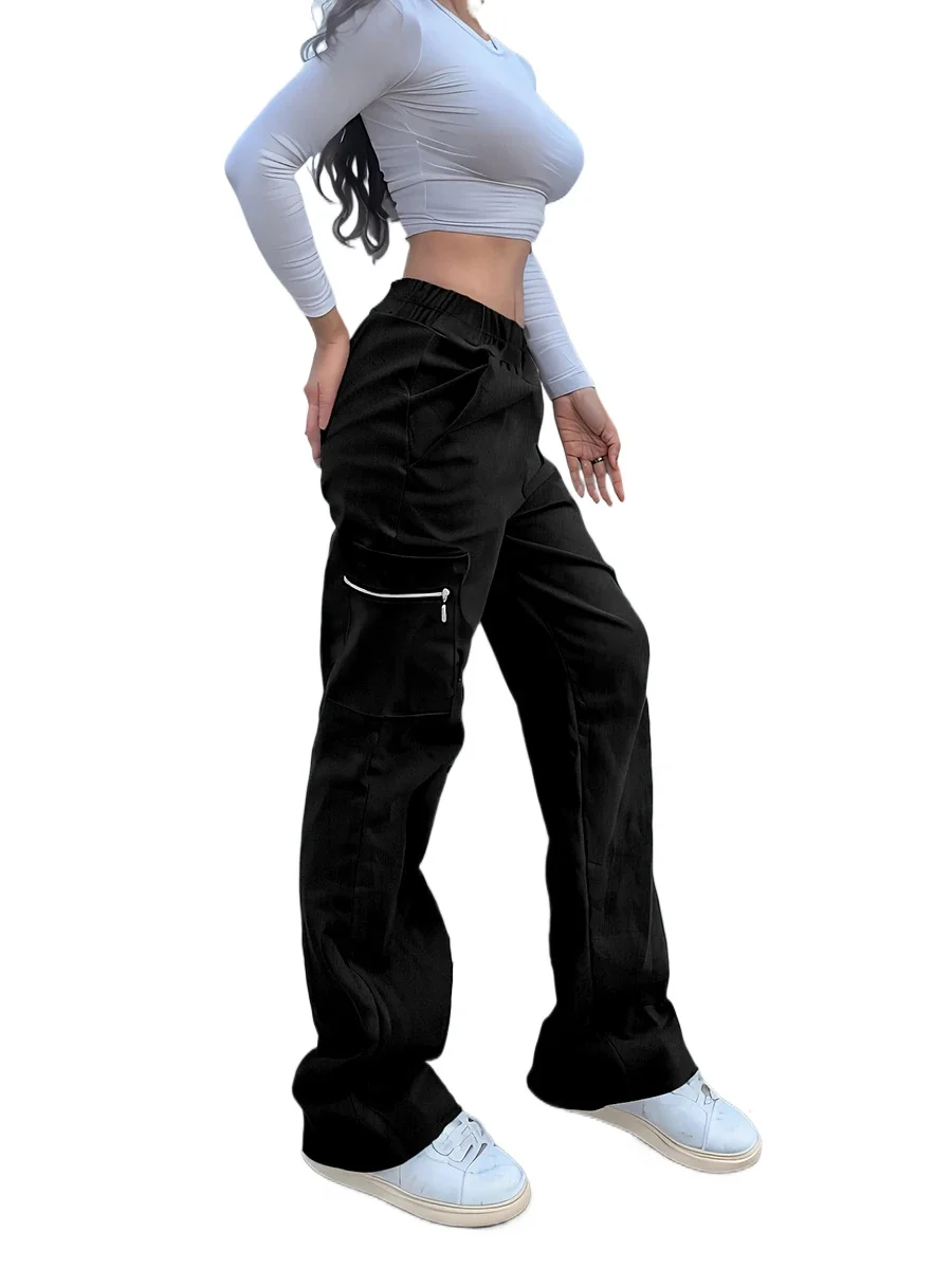 Fashion Black Cargo Pants Women High Waist Loose Fit Zip Pockets Techwear Baggy Y2K Streetwear Wide Leg Trousers Bottoms