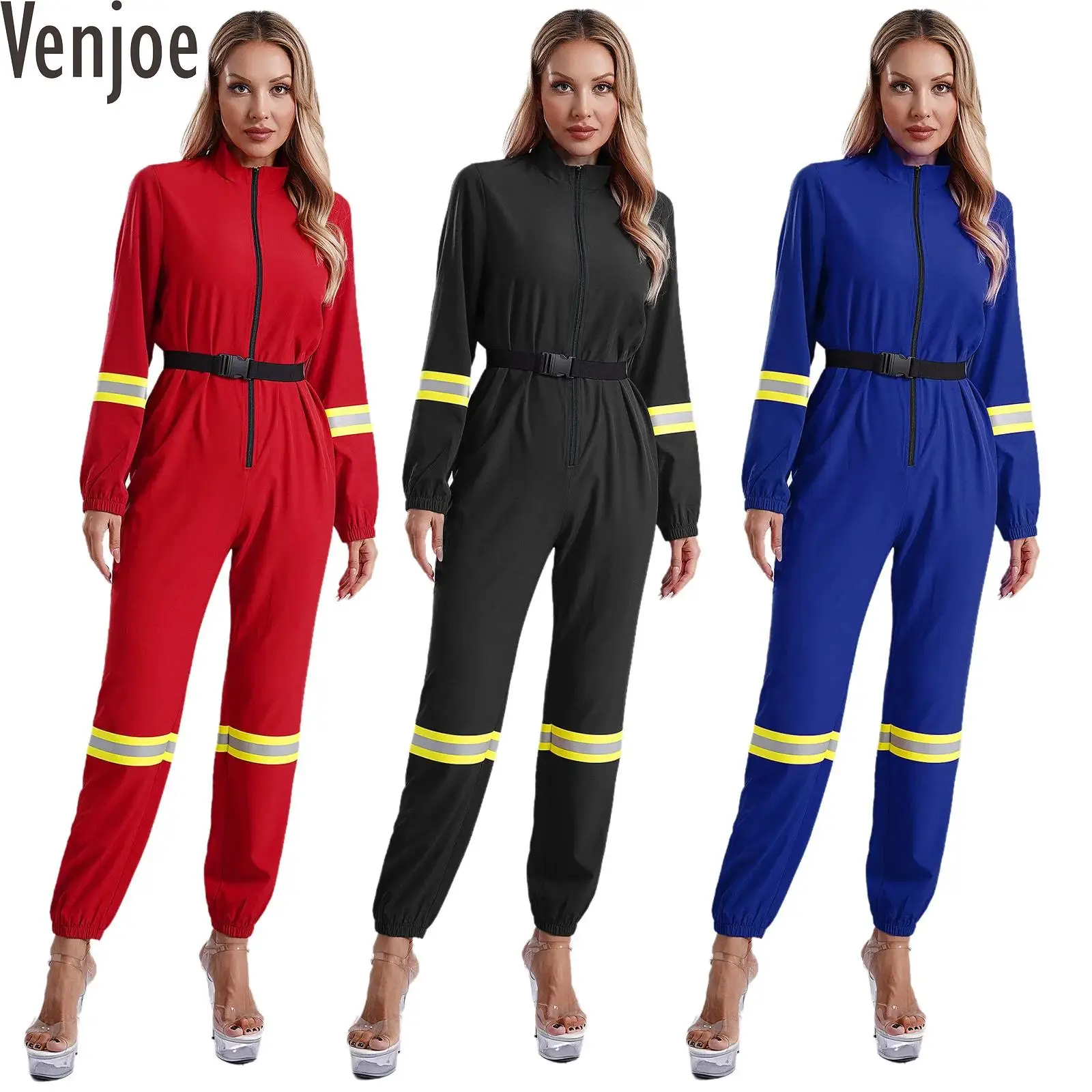 Womens Firefighter Cosplay Costumes Halloween Jumpsuit Romper with Belt Stand Collar Long Sleeve Front Zipper Bodysuit Clubwear