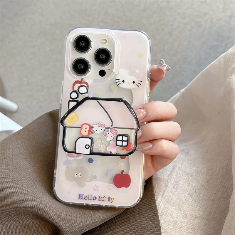 Cute Cartoon Butterfly Hello Kitty Shake Holder KT Phone Case For iPhone 13 12 14 15 16 Pro Max Funny Kitty Stand Protect Cover