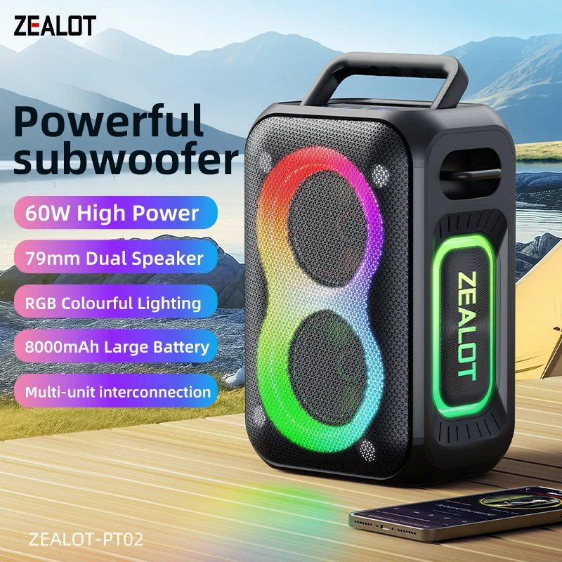Zealot-PT02 60 W tragbarer Bluetooth-Lautsprecher, IPX6 wasserdicht 360 ° Kabelloser Lautsprecher, TWS-Stereo-Kopplung, 10 Stunden Spielzeit für Camping