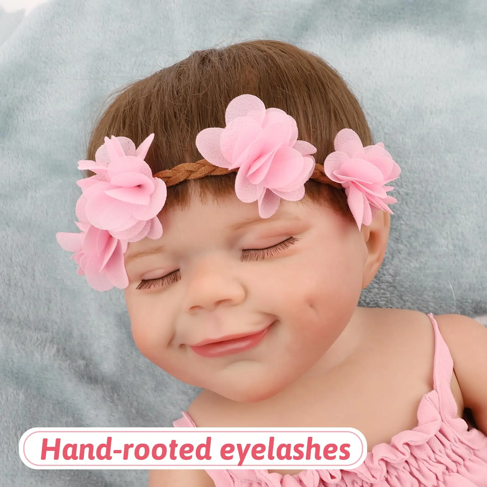 18′′ wiedergeborene Babypuppe mit lächelndem Gesicht, rosa Outfit und Blumen-Stirnband, leiser Schlafausdruck, exquisite Gesichtsmerkmale und Haut,