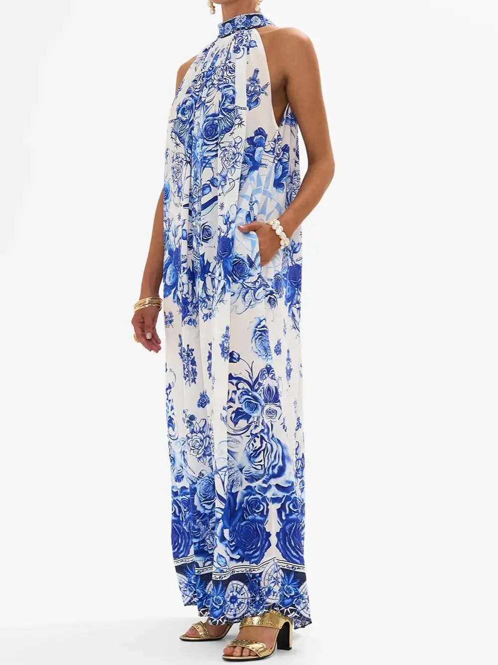 Robe longue en perles de cristal pour femmes, imprimé floral bleu, col licou, sans manches, vacances, 100% soie