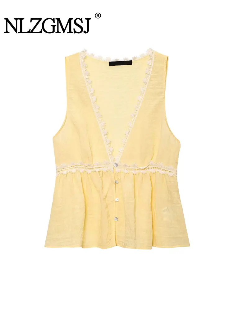 

2025 Summer Lace Decoration Loose Casual Tops for Women Sleeveless Tops Fashion Sleeveless Cropped Tops Vest