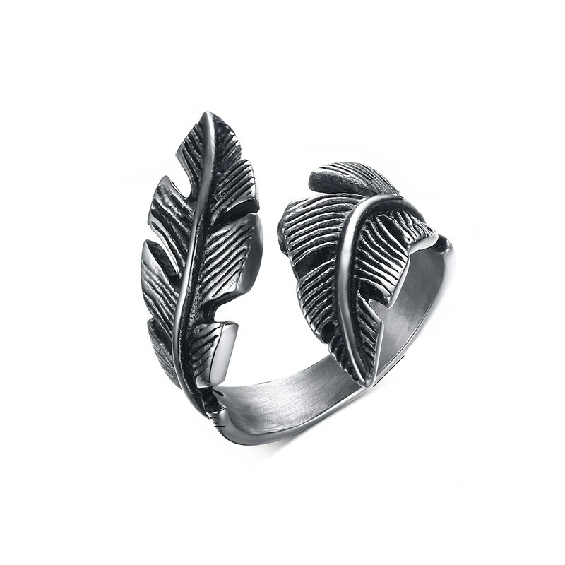 27MM Vintage Stainless steel Feathers Open Ring Irregular Geometric Men Punk Stainless steel ring