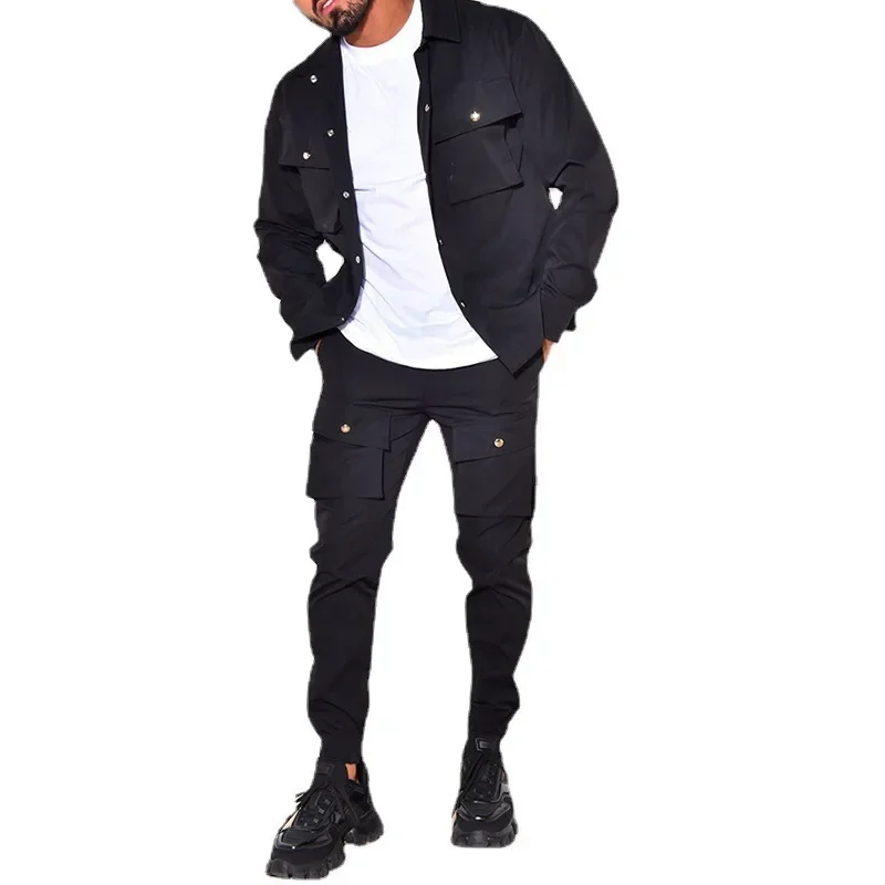 Ensemble Deux Pièces Streetwear pour Homme, Veste à Col Rabattu, Poches, Pantalon Cargo, à la Mode, Tenues Slim Fit, Printemps