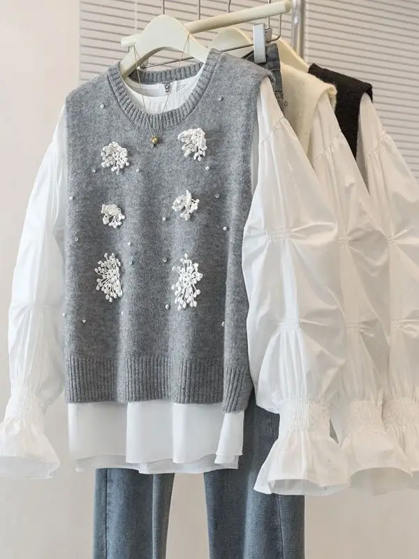 

New plus Size Women's irt Unique Bell Sve White In-Sle Spring French Sle Straight Cut Long Sve round Ne Warmth ...