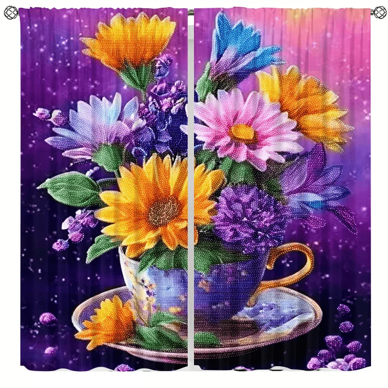Tea cup with colorful floral pattern curtains, pole-mounted installation. Suitable for living rooms bedrooms dining rooms hotels