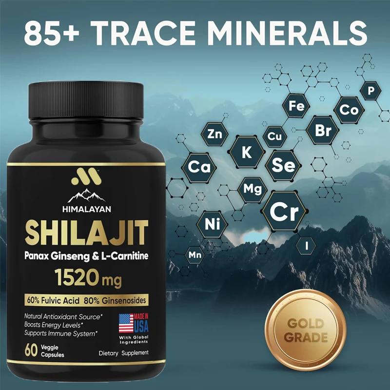 Pure Himalayan Shilajit Supplement 60 Capsules 60% Fulvic Acid 85 Trace Minerals Containing Ginseng and L-Carnitine