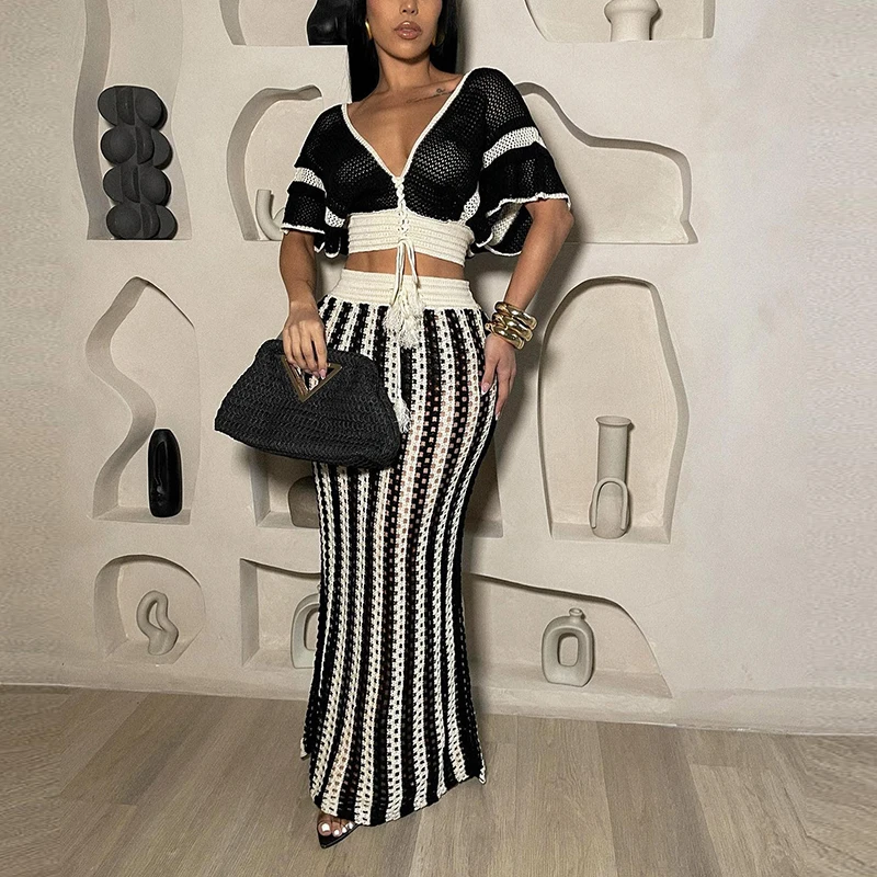 Summer striped printed hollow V-neck knitted suit women's lace up tassel exposed navel straight tube skirt set sexy short sleeve