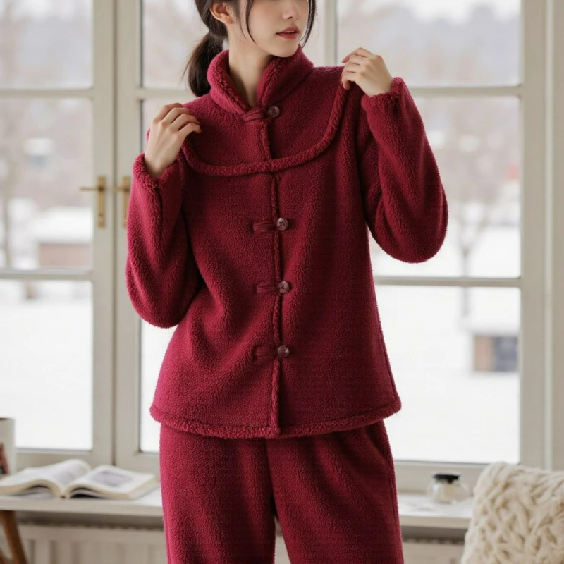 

2026 Winter New Chinese Imperial Style Retro Home Wear Set Women Thickened Pajama Warm Two-piece Sets with Button-up Design