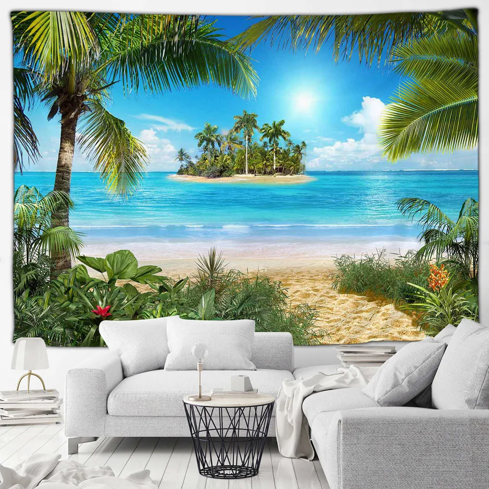 Tropical Waterfall Landscape Tapestry Zen Green Bamboo Ocean Beach Palm Trees Island Scenery Garden Wall Hanging Home Room Decor