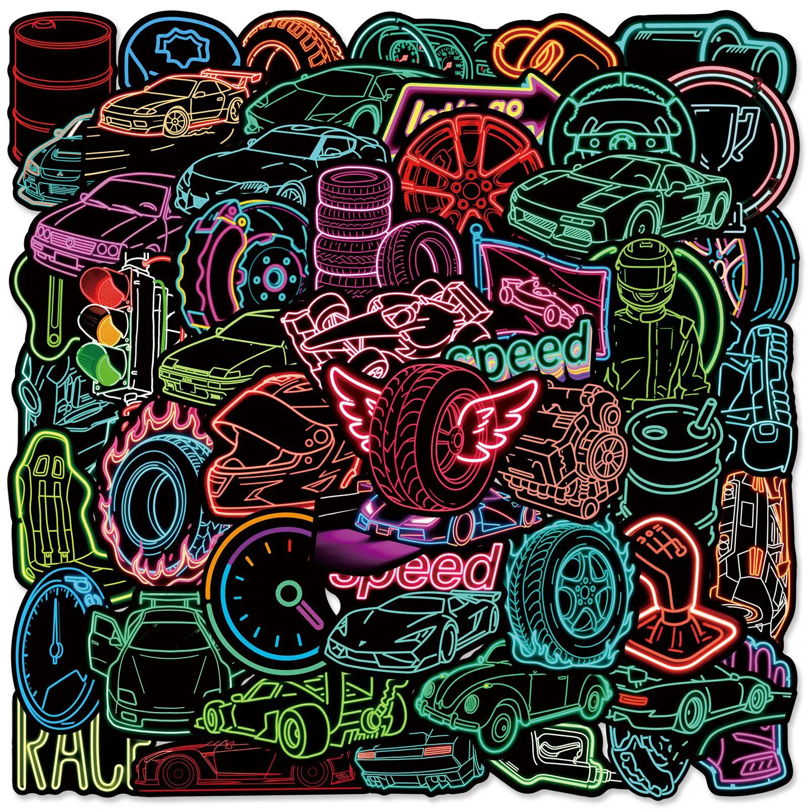 

10/30/50PCS Neon Style Cool Racing Stickers Cartoon Personal Decorative Water Cup Skateboard Motorcycle Helmet Waterproof Decal