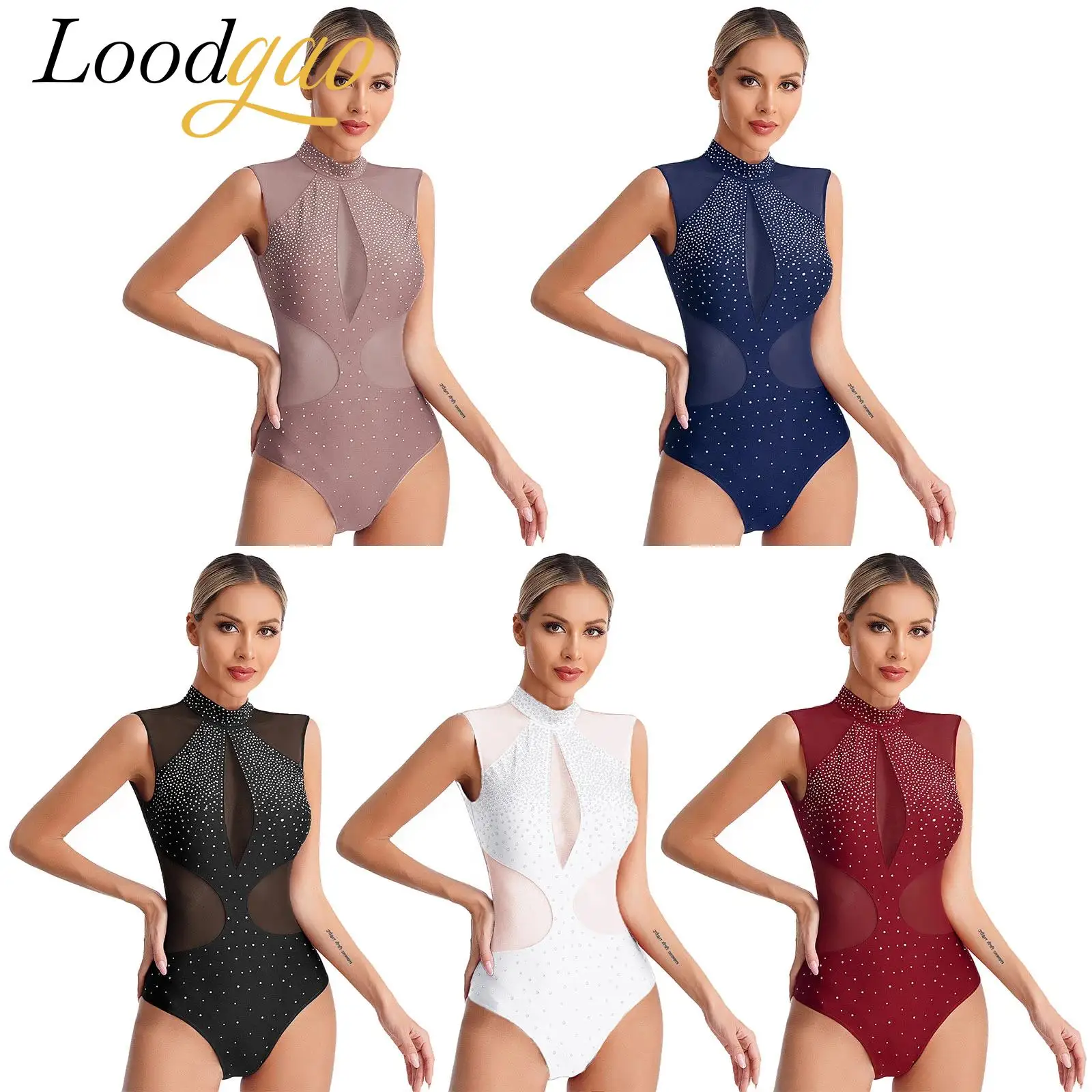 

Women's Rhythmic Gymnastics Sheer Mesh Jumpsuit Figure Skating Leotard Sleeveless Splice Ballet Bodysuit for Dance Yoga Leotards