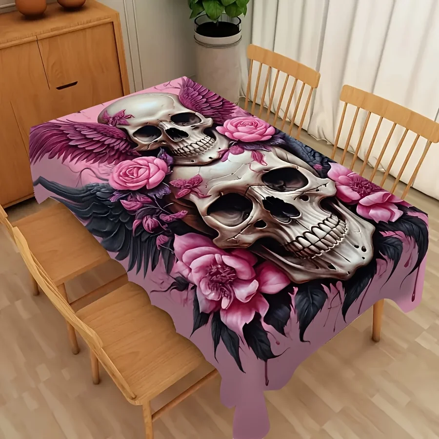 JIT-1pc Romantic Atmosphere Flower Skull Pattern Tablecloth for Restaurant Kitchen, for a Unique Halloween Festivalzyc