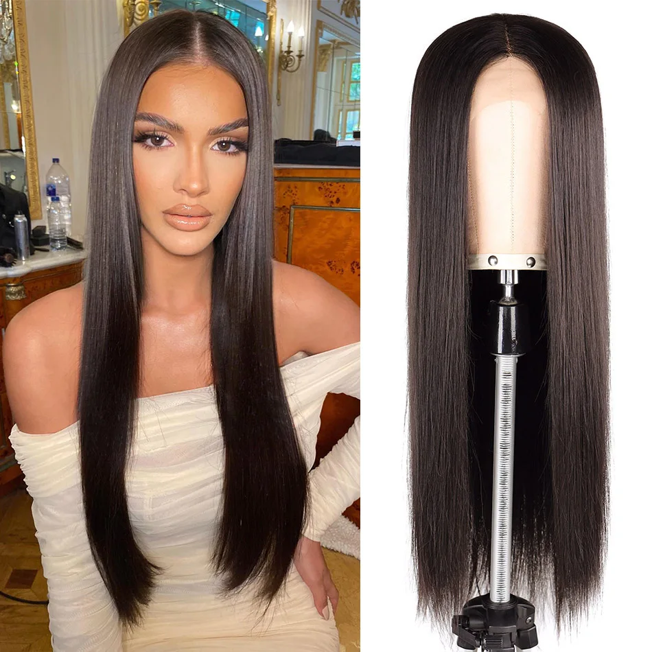 Perruque Lace Front Synthétique Lisse et Soyeuse pour Femme Noire, Cheveux Longs, Droite, Degré de Chaleur, Qualité, Partie Centrale en T, Naturelle