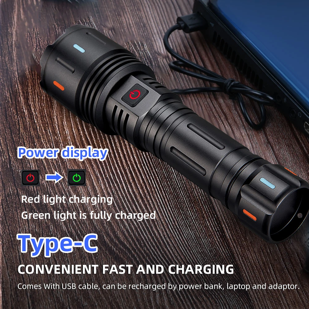 Super Bright Flashlight With Power Bank Long Range High-Power Type-c Charging Tactical Torch LEP 50W Outdoor Adventure Lighting