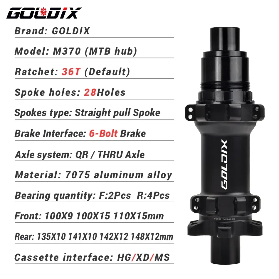 GOLDIX M370 36T Ratchet Bicycle Hub 28Hole 6-Bolt Disc Brake Straight Pull Spoke Sealed Bearing HG/XD/MS Hub Type Standard/BOOST