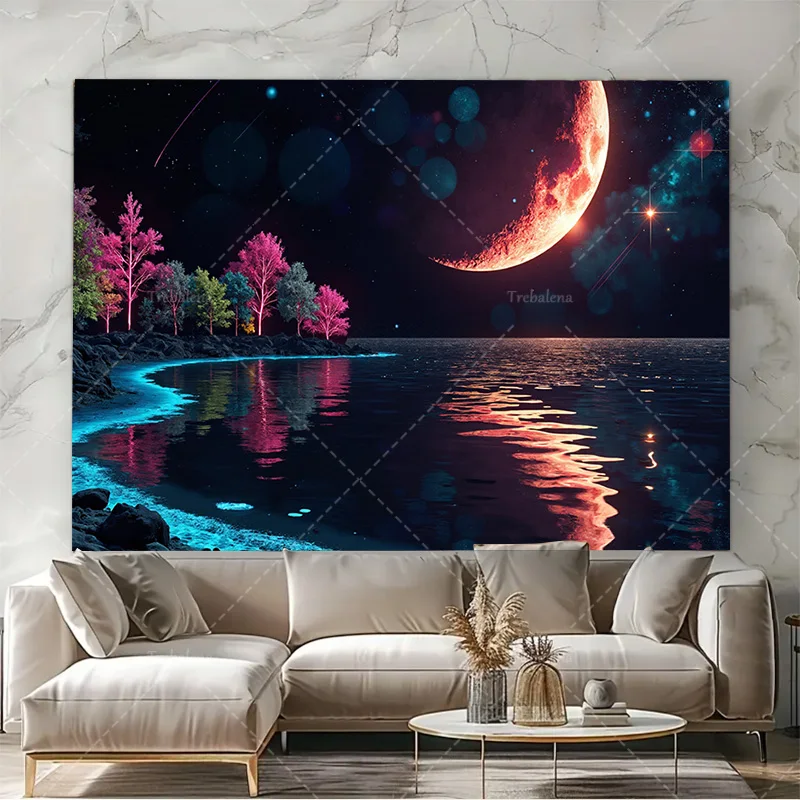 قطعة واحدة من نسيج الحائط "نسيج ليلة مضاءة القمر المجرة - منظر طبيعي كوني مع ماء وأشجار عاكسة" #4