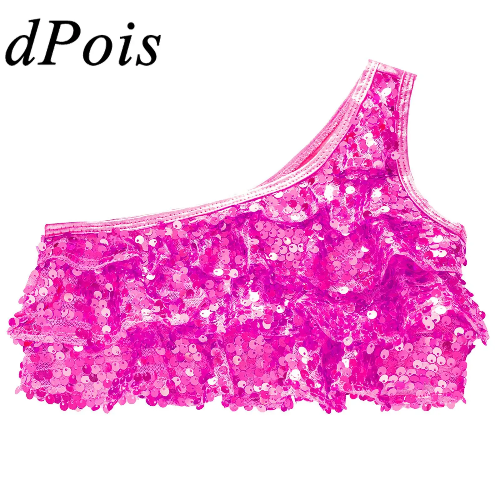 

Топы с блестками для девочек, детский металлический костюм на одно плечо для джазовых танцев, блестящий укороченный жилет без рукавов, детская танцевальная одежда для выступлений