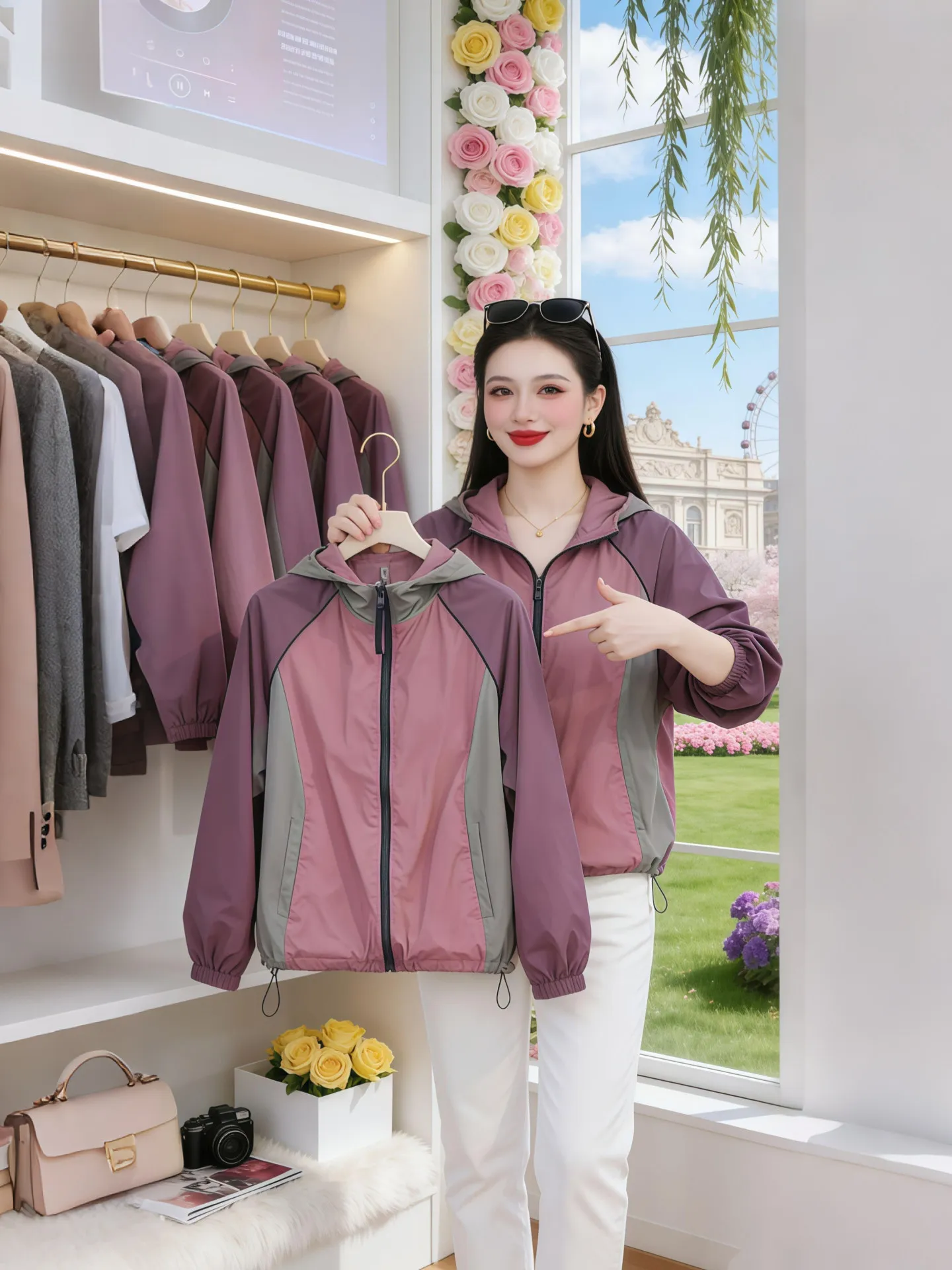 

Summer 2026 Women's Loose Casual Hooded Jacket Color Block Sun Protection Windbreaker Versatile Commute Style Long Sleeve Zipper