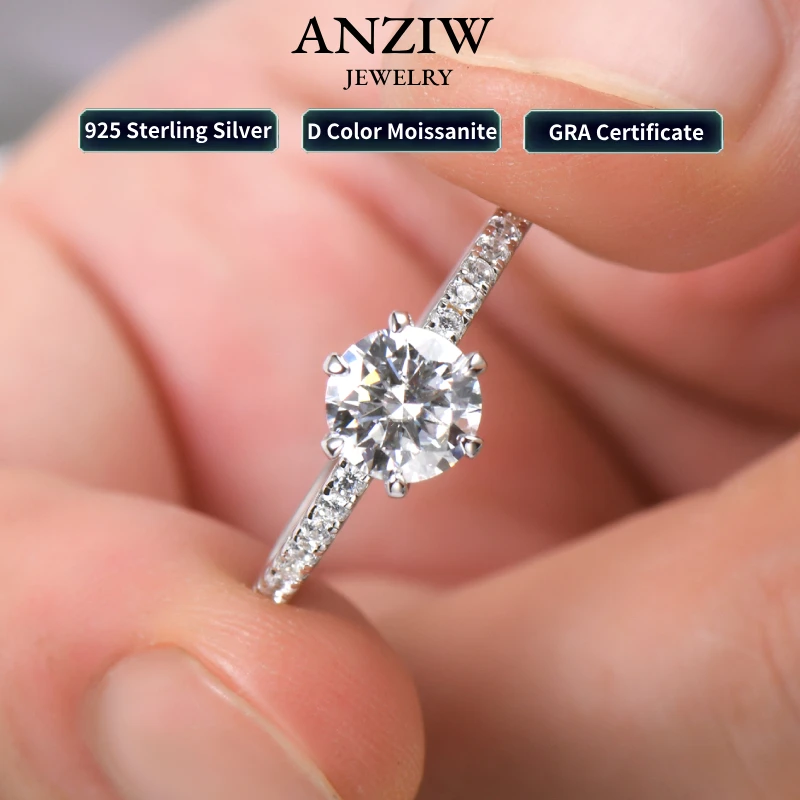 Anziw 100% 925 Silver 1CT 6.5mm D Moissanite Wedding Rings Engagement Promise Finger Band Certified Moissanite Jewelry For Women