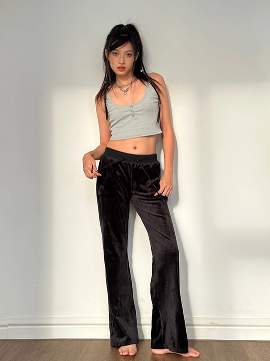 Women Velvet Long Pants Casual Party Street Spring Fall Solid Color Loose Black Trousers