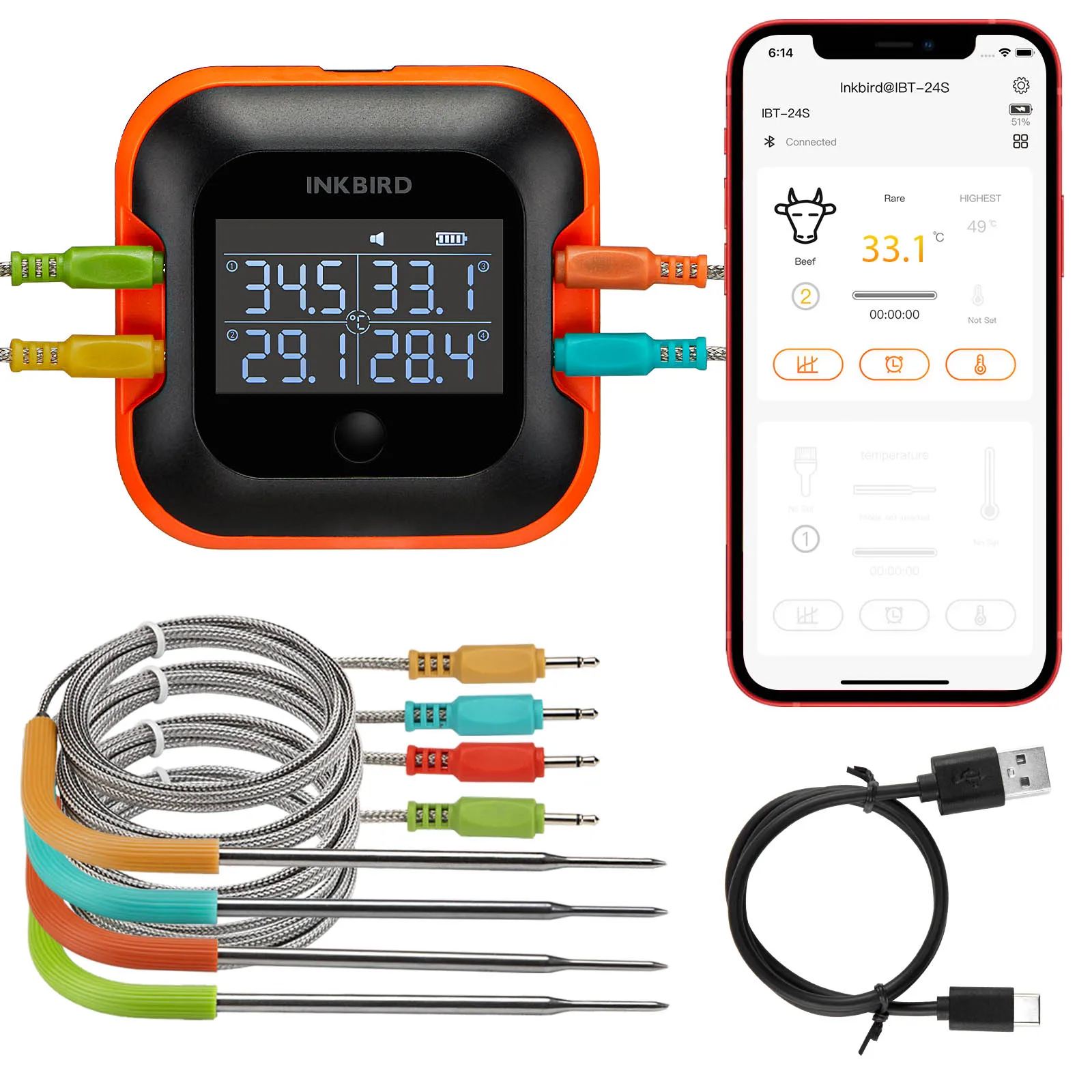 

INKBIRD Bluetooth Meat Thermometer With 4 Probes Outdoor Camping BBQ Thermometer with Large Backlit LCD and Alarms