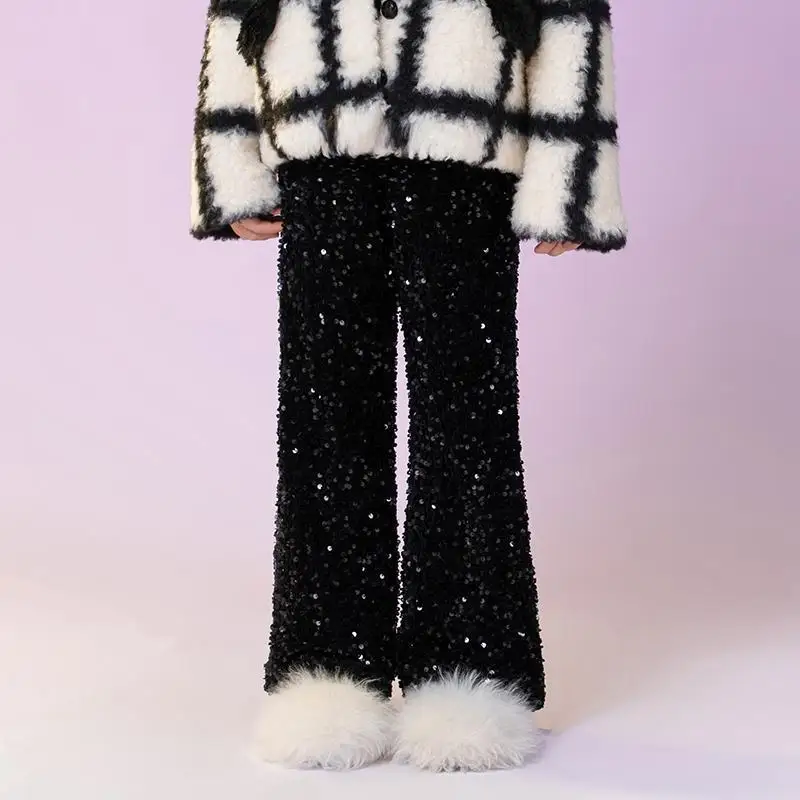 Flare Trousers Velvet Sequin Embroidered Trousers Grils Children Spring Autumn New Fashionable Comfortable Solid Personality