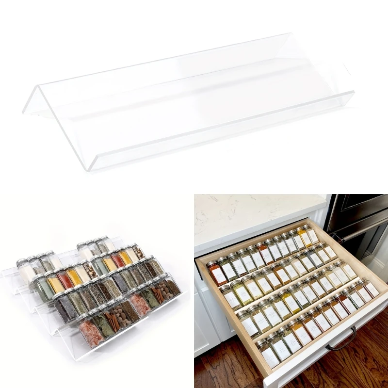 1/2xClear Acrylic Storage Rack Tray Organize Your Kitchen Spice Drawer Organiser Plastic Seasoning Jar Storage Rack Tray KXRE