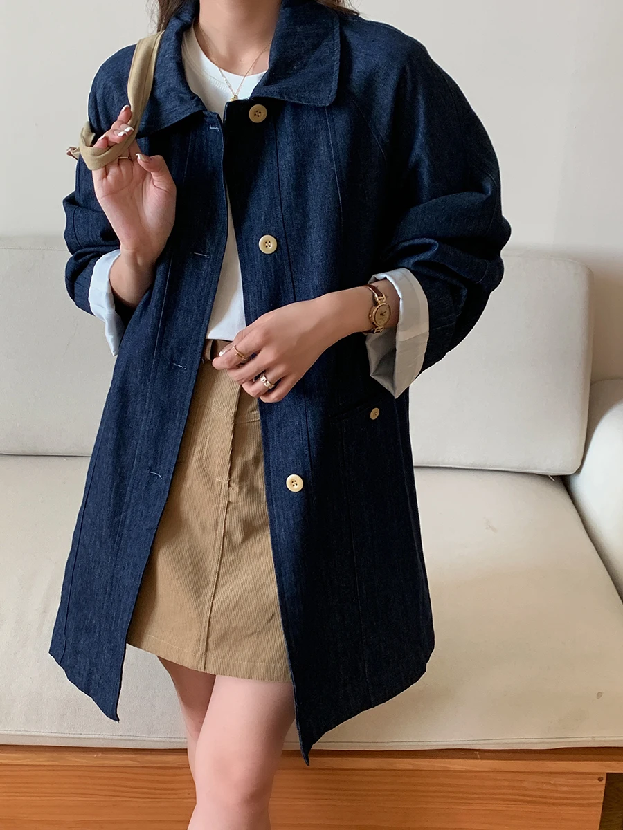 

Женское пальто Uniko Deep Blue, новинка 2024 года, весна-осень, корейский стиль, средней длины, тонкое, повседневное, с воротником, на одной пуговице