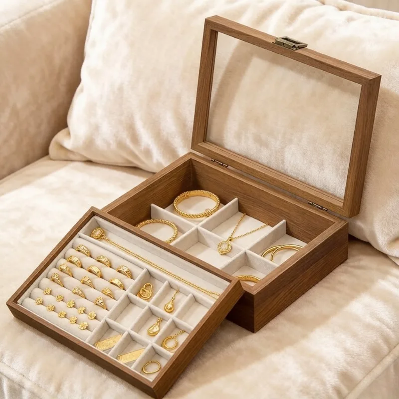 Double-Layer Jewelry Box, Delicate Solid Wood Storage Box for Necklaces Earrings, Portable Covered Jewelry Organizer