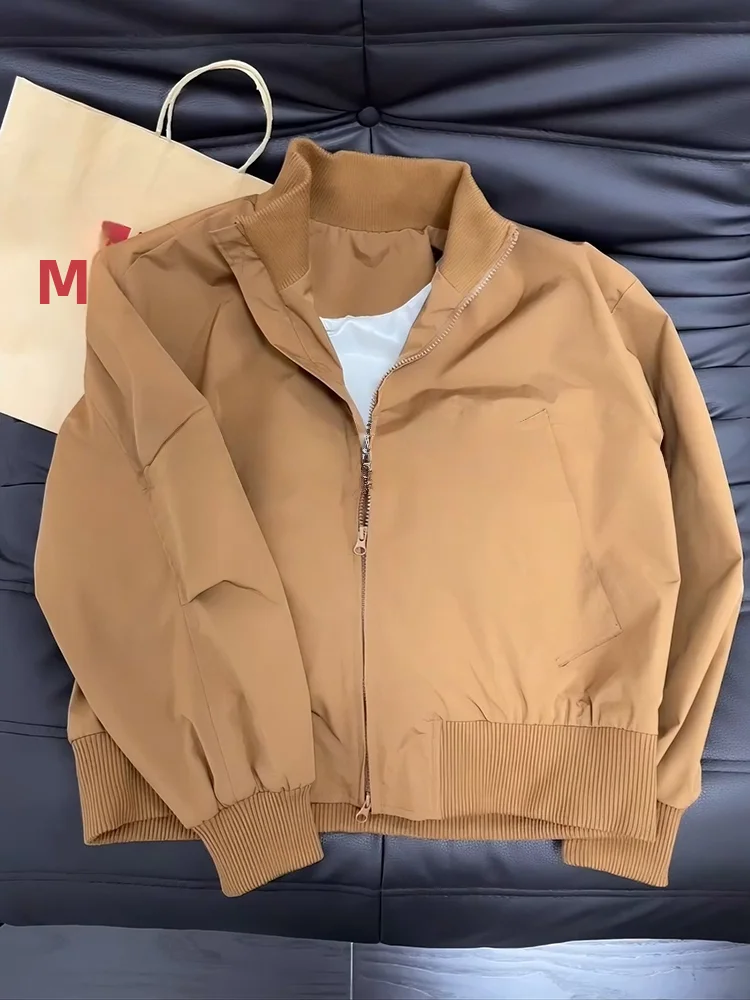 

Brown ort Wide Boxy Sle Pilot Jaet Men's Autumn Spring Baseball Vibe American High Street Stand Collar Coat