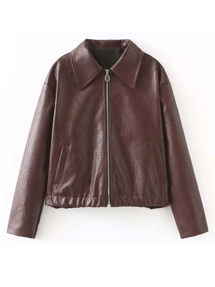 INKEO-Chaqueta informal de piel sintética para mujer, abrigo corto de gran tamaño con cuello vuelto, novedad de primavera y otoño, 4O029, 2024