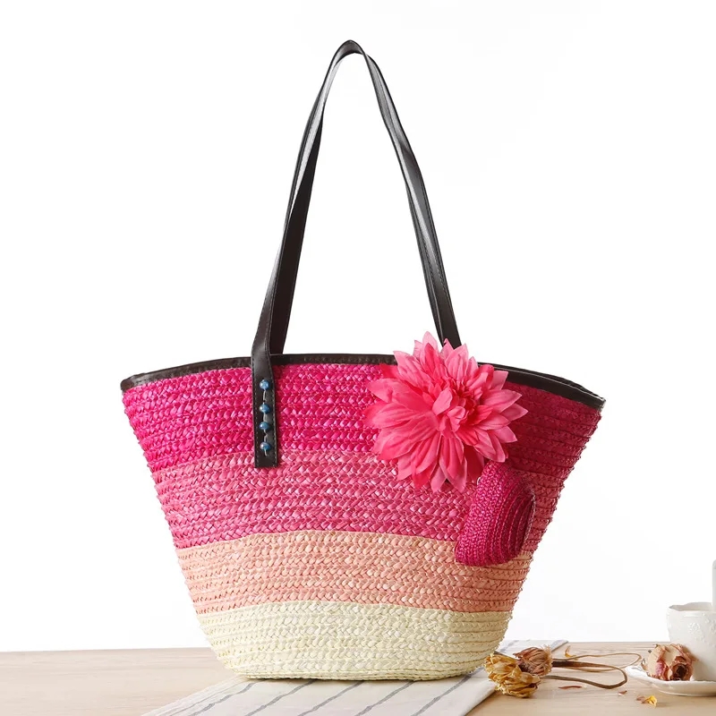 

2025 Crochet Straw Braided Handbag Applique Hit Color Striped Print Beach Bags Fashion Straw Handwoven Tote Shoulder Bag