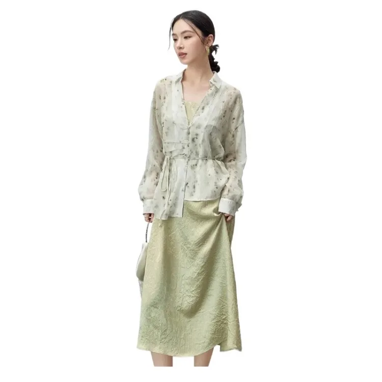 센투빌라 여성용 투피스 드레스 세트 2025 우아한 미디 베스트 드레스 프린트 V넥 레이스업 셔츠 파티 매칭 세트 143Z55545