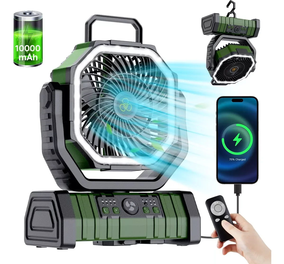 20000mAh แบตเตอรี่ความจุสูง LED Light Camping พัดลม Movable Wireless Air Circulators กลางแจ้ง Ventilador พร้อมตะขอ