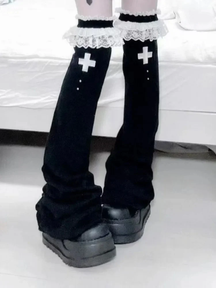 

Кружевные лоскутные японские гольфы в стиле Лолиты Y2k, женские сапоги с манжетами, расклешенные длинные носки с перекрестным принтом, чехол для ног, гетры в стиле гранж