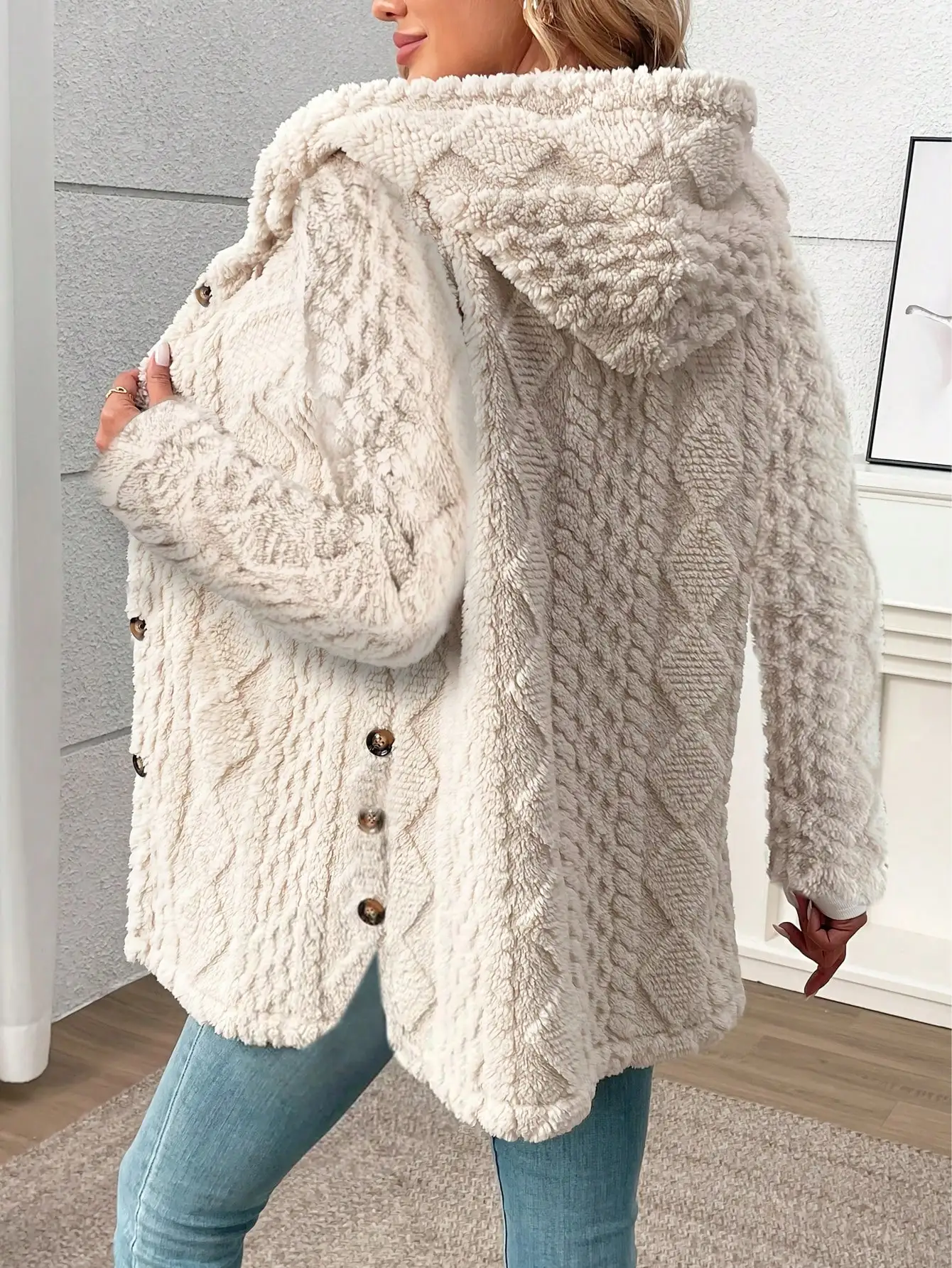 

Уютный флисовый кардиган с капюшоном, ромбовидным узором и пуговицами спереди, повседневная одежда на зиму и осень