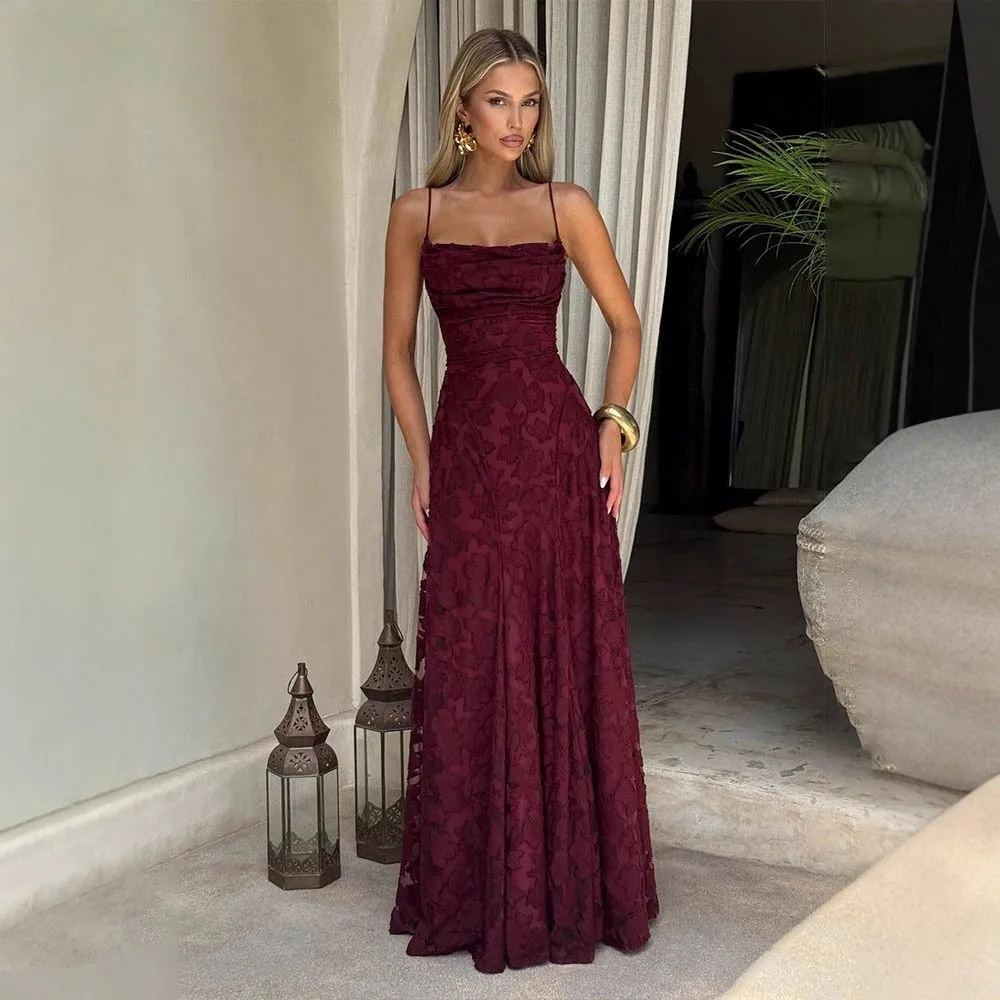 Dubai Long Women's Dress Thin Spaghetti Straps Dresses Solid Color Full Skirt Maxi Dress Wine Red Lace Slip Dress High Slit Side