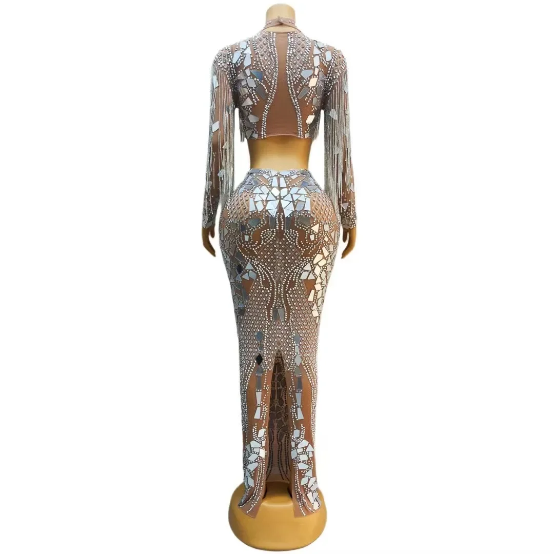 عرض حدث الحفلة الموسيقية مرآة حجر الراين زي شفاف تنورة طويلة المرأة عيد ميلاد احتفال راقصة الزي